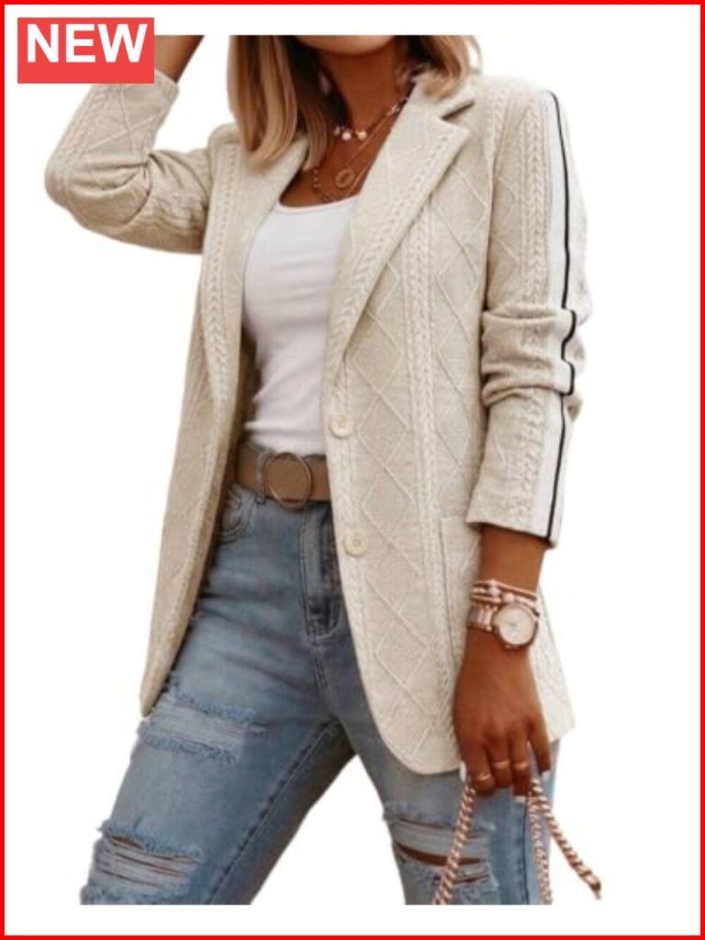 Argyle Cable Jacquard Tape Sleeve Button Blazer